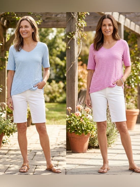Chico's Tops - Chicos Bundle of 2 Layered Hem Striped V Neck Shirts Womens Size 12 Blue & Pink